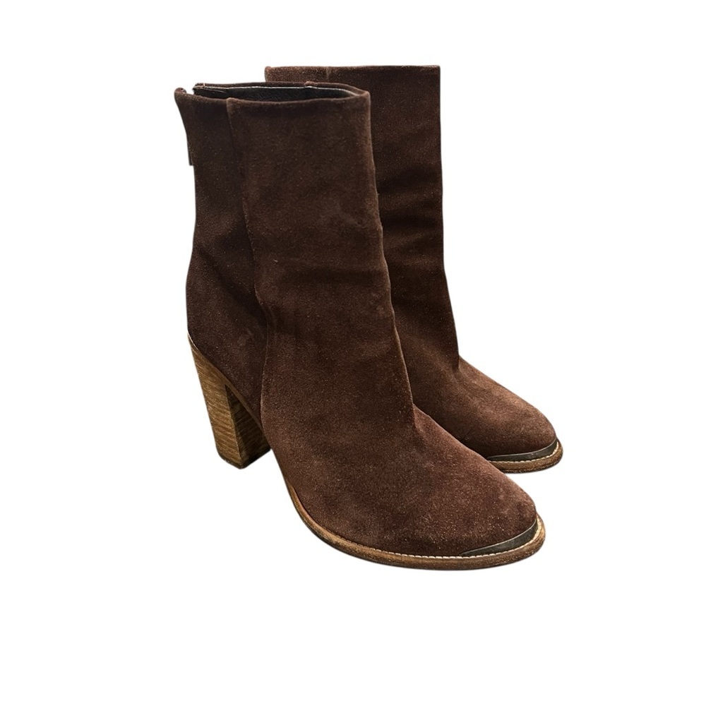 ALLSAINTS Suede Leather Boots Stacked Heel Booties Chocolate Brown Size 39 - Picture 8 of 12